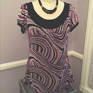 INC purple swirl pattern short puff sleeve lightweight mesh career top